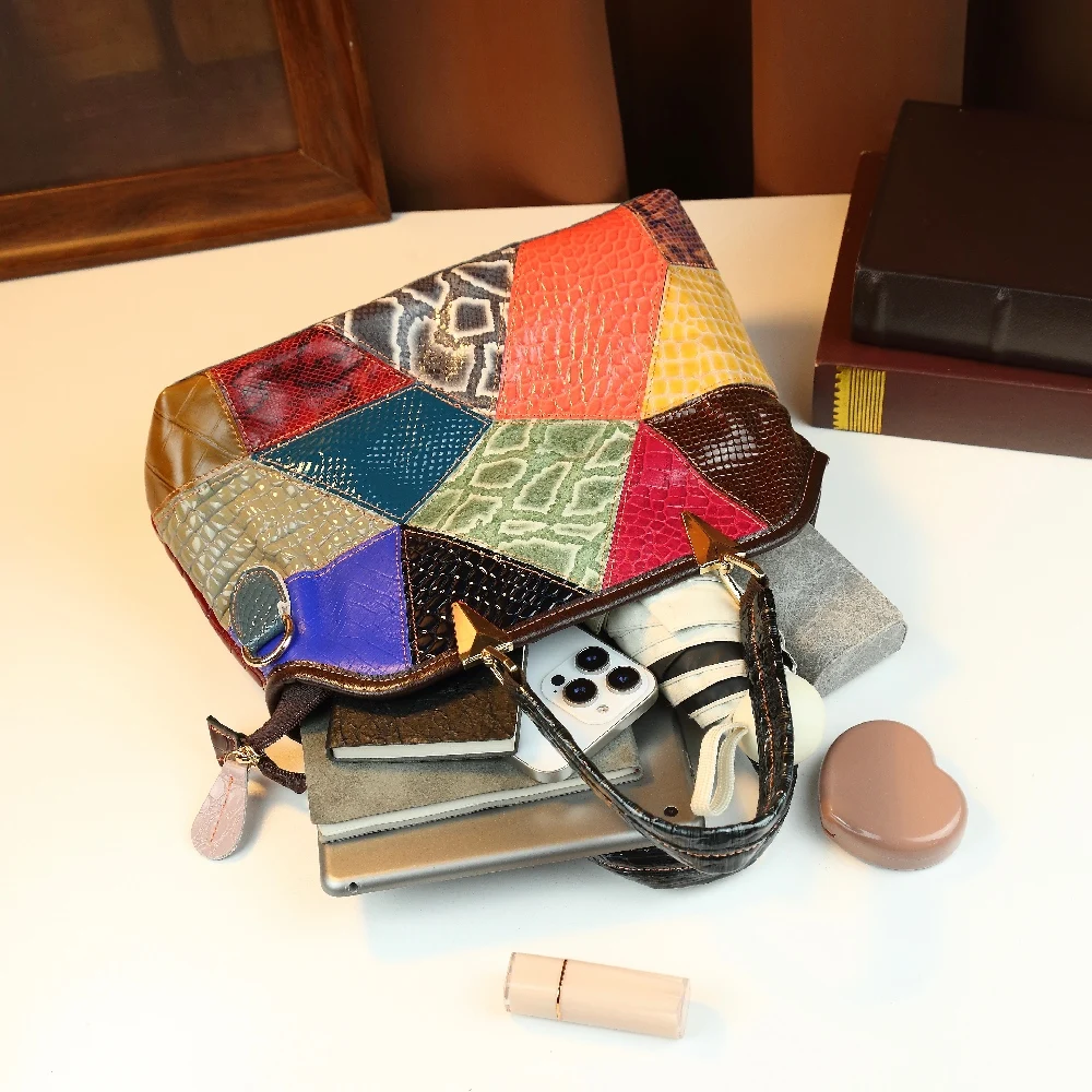 Elegant Retro Patchwork Tote Bag - Genuine Leather Large Capacity Single Shoulder Handbag with Contrasting Colors