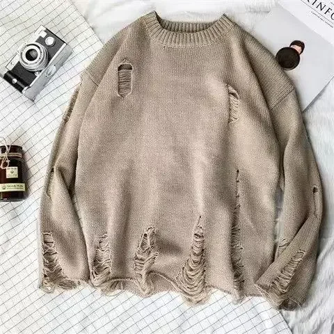 Retro Hong Kong Style Japanese Pure Color Knitwear Casual Round Neck Men's Sweater Couple Outerwear Korean Trend