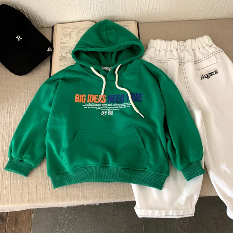 

Boys Hoodie 2025 Autumn Spring Korean Style Fashion Trendy Kids Clothes Letter Print Loose Green Hooded Sweatshirts