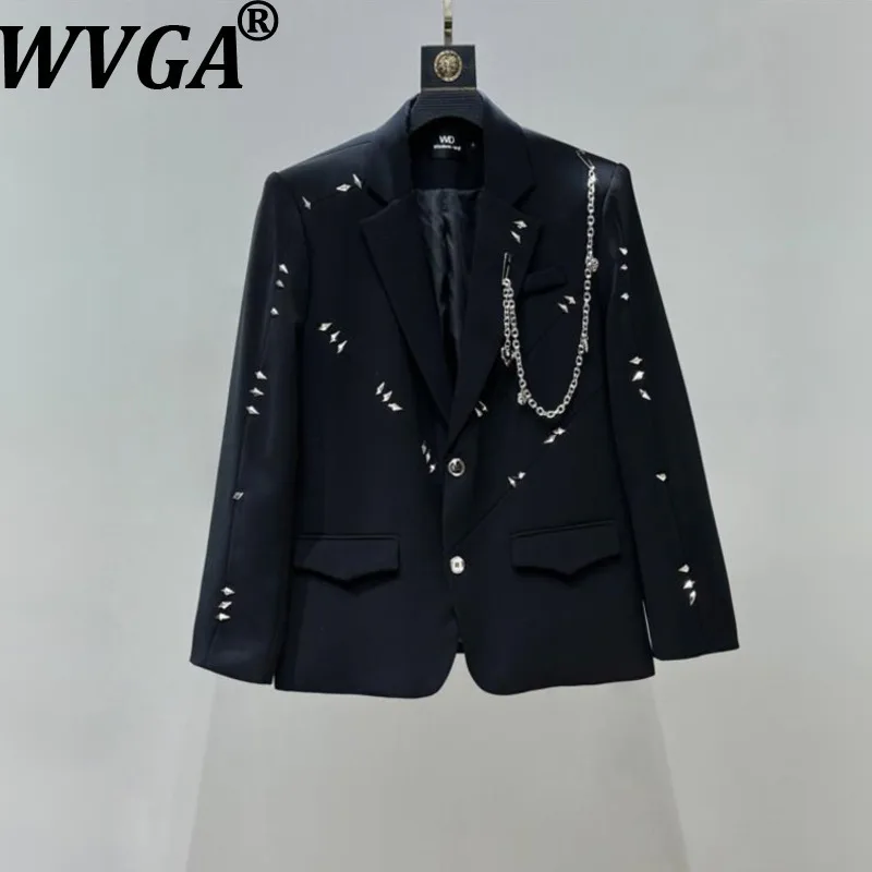 

WVGA Spring Autumn New Men Metal Rivet Chain Trendy Blazer Niche Slightly Casual Flared Straight Suit Pants Two-Piece Set W15645