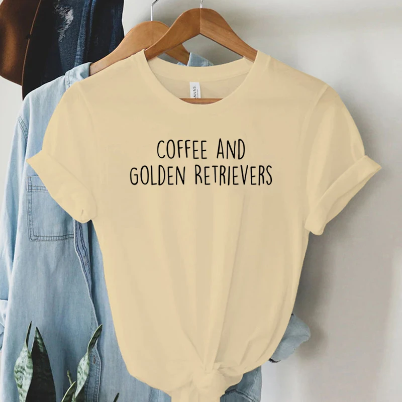 Coffee and Golden Retrievers Shirt Dog Lover Gift T-shirt Female Women\'s Clothing Round Neck Casual Tops Women\'s Clothing Sales