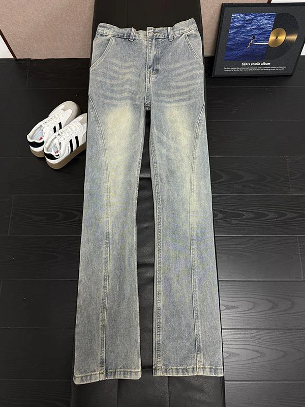 

American Sle Slim Fit Straight Leg Jeans Men's Blue Faded Waed Vintage Tapered Pants Youth mid Waist Zipper Closure