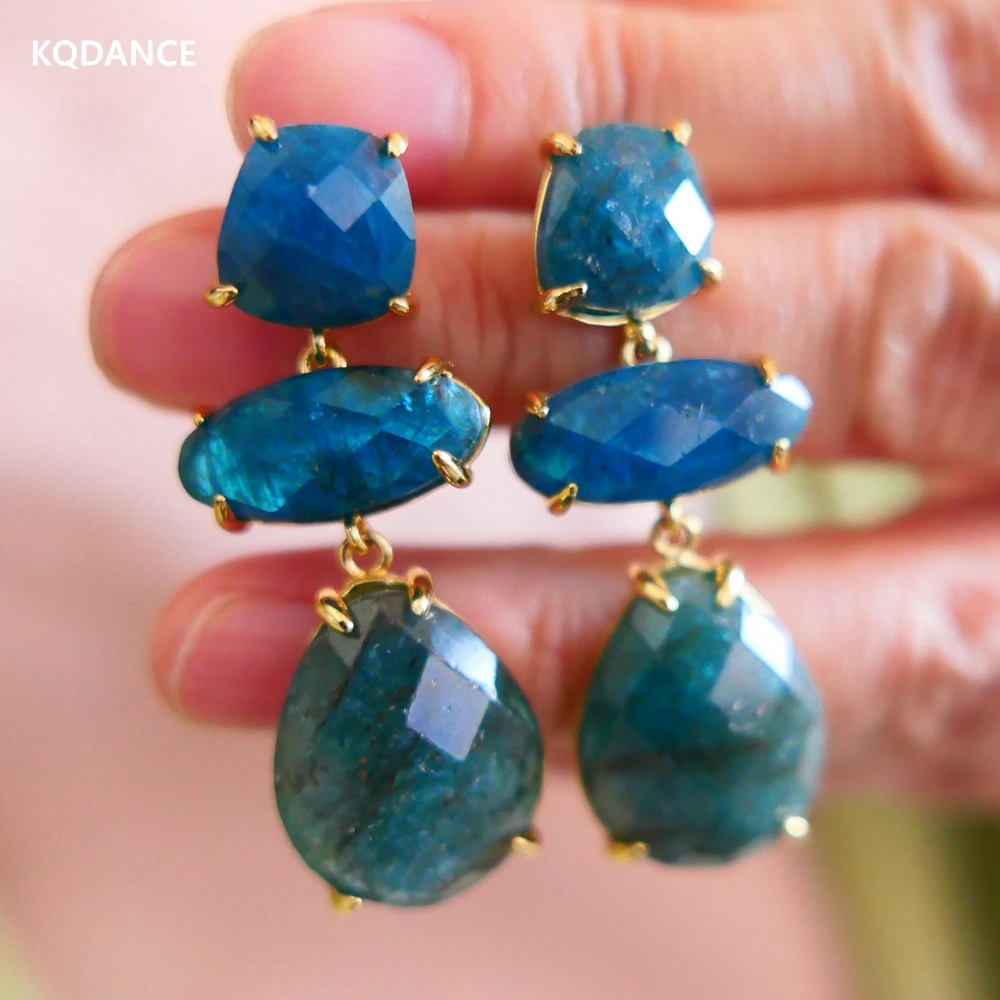 KQDANCE Natural Gemstone Blue Apatite Tear Long Drop Earrings With 925 Silver Needle Real Yellow Gold Plated Jewelry For Woman