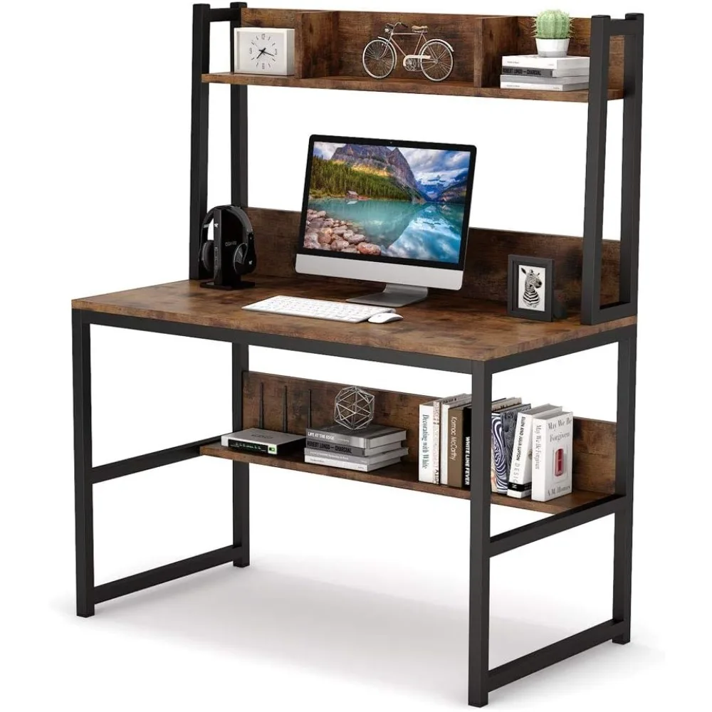 مكتب كمبيوتر مزود بخزانة، مكتب خشبي صغير مقاس 42 بوصة، مكتب صناعي بسيط مع مساحة تخزين للمكتب المنزلي #3