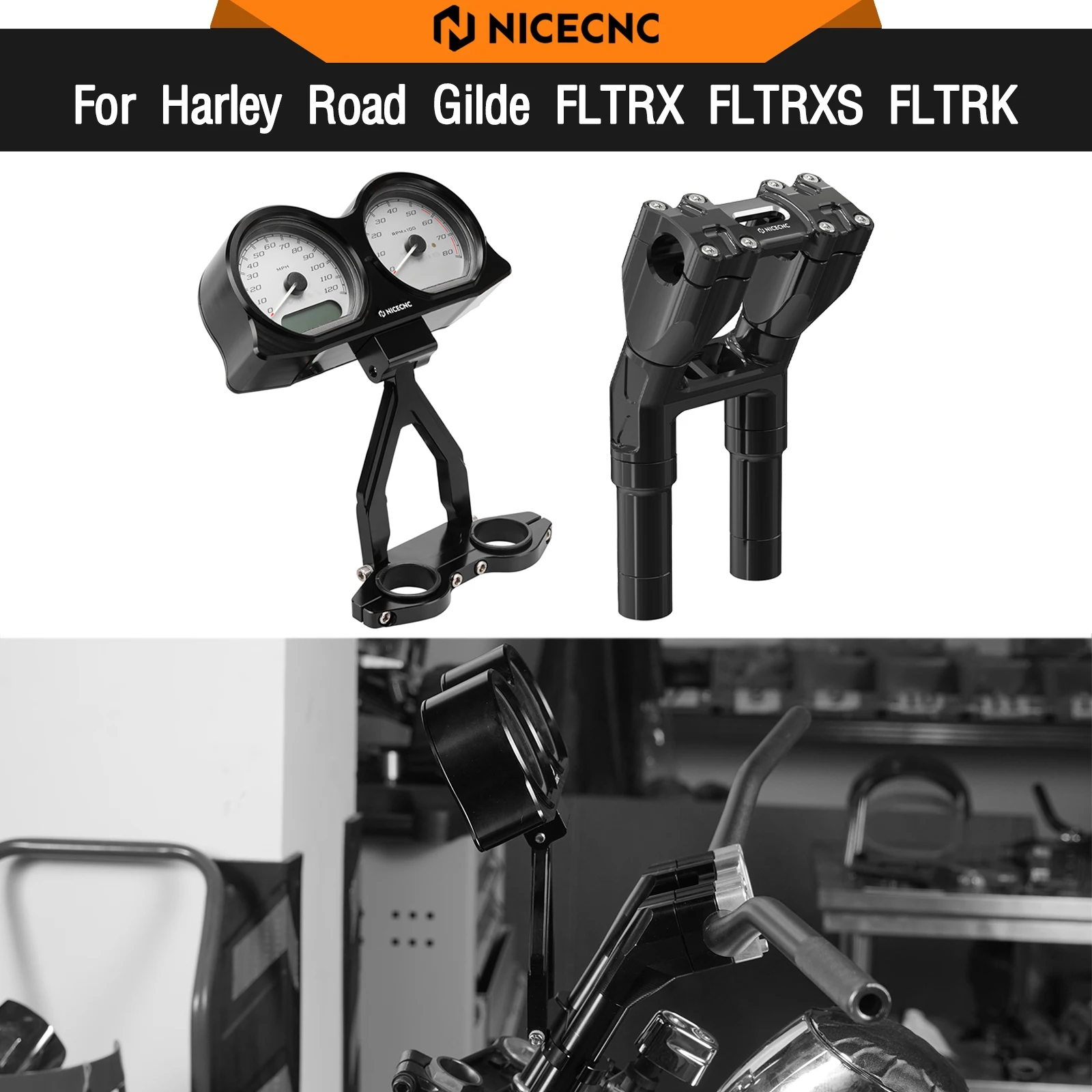 

For Harley Road Glide FLTRX FLTRXS Ultra FLTRU FLTRK 2015-2023 Speedometer Instrument Gauges Relocation Kickback Handlebar Riser