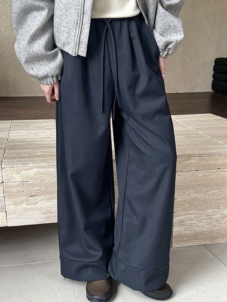 [EAM] High Elastic Waist Apricot Drawstring Long Wide Leg Pants New Trousers Women Fashion Tide Spring Autumn 2024 1DH7670