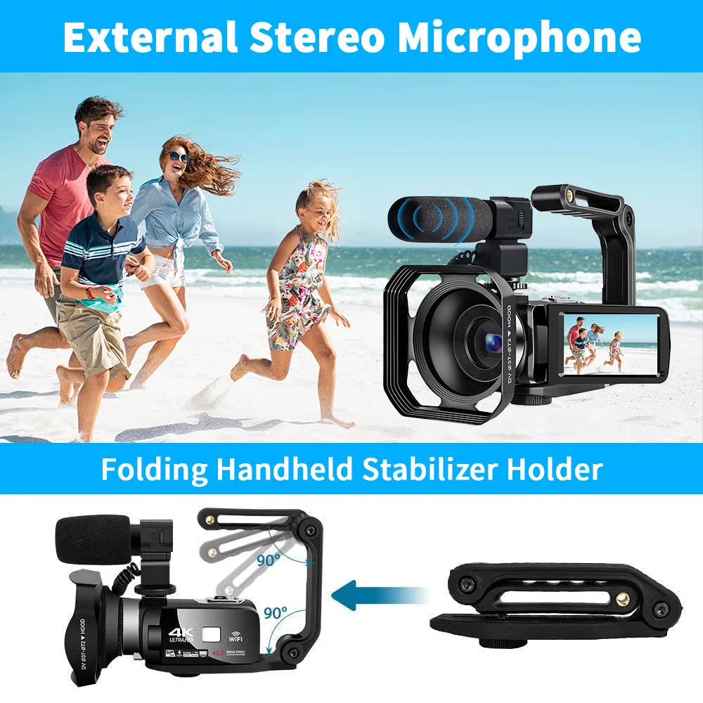 4K Digital Video Camera 60FPS 16X Digital Zoom Recording Video Camera 3.0 inch Rotatable Touch Screen Handheld DV Camera