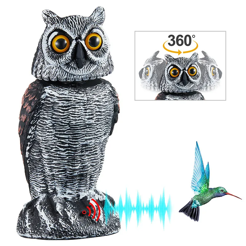 Realistic Bird Scarer Rotating Head Sound Owl Prowler Decoy Protection Repellent Pest Control Scarecrow Garden Yard Move