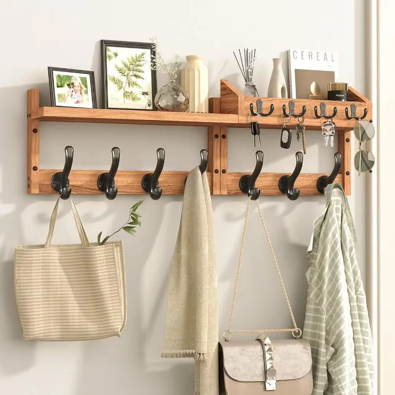 Wooden Coat Rack Wall Mounted Hanger Entrance Handbag Hat Clothes Scarf Organizer Wall Hooks with Storage Shelf Home Decor