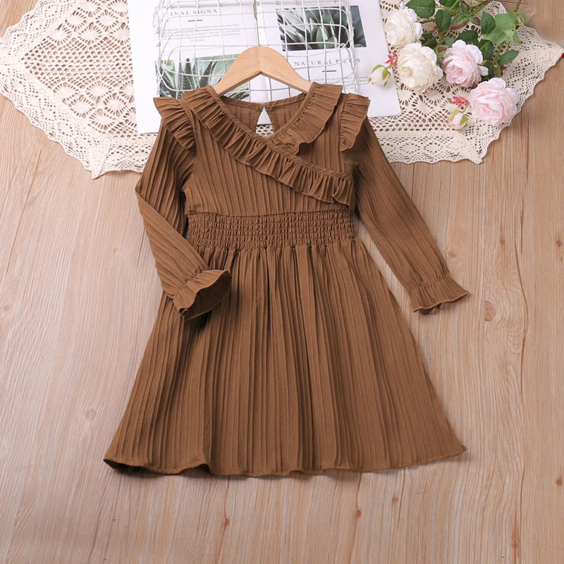 Humor Bear New Girls\' Long Sleeve Dress Vintage Style Solid Color Flare Sleeve Waist View Vestidos Casual Outfit 2-6Y