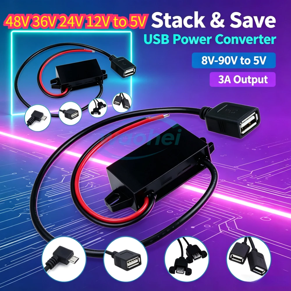 48V 36V 24V 12V to 5V Type-C Mini Micro USB C DC Converter 12 Volt to 5 Volt DC Buck Car Charger USB Step Down Power Connector