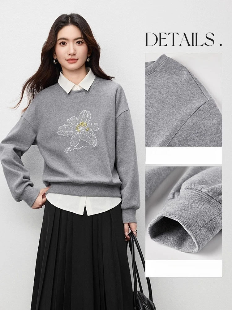 SENTUBILA Knitted Sweatshirts for Woman 2025 Autumn Winter O Neck Loose Pullovers Casual Letter Embroidered Sweaters 153AC3453
