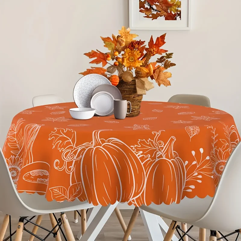 One autumn harvest tablecloth - with sunflower and pumpkin patterns, in bright orange round designzyc