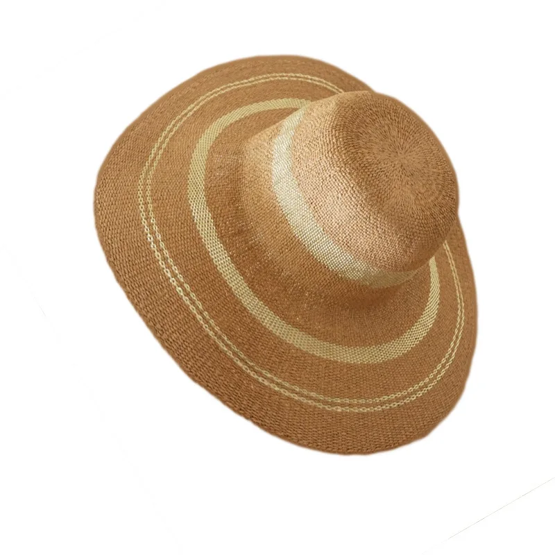 elegant-summer-straw-hat-gold-stripe-large-brim-sunshade-women's-outing-vacation-woven-gift-hat-spring-autumn-seasonal-use