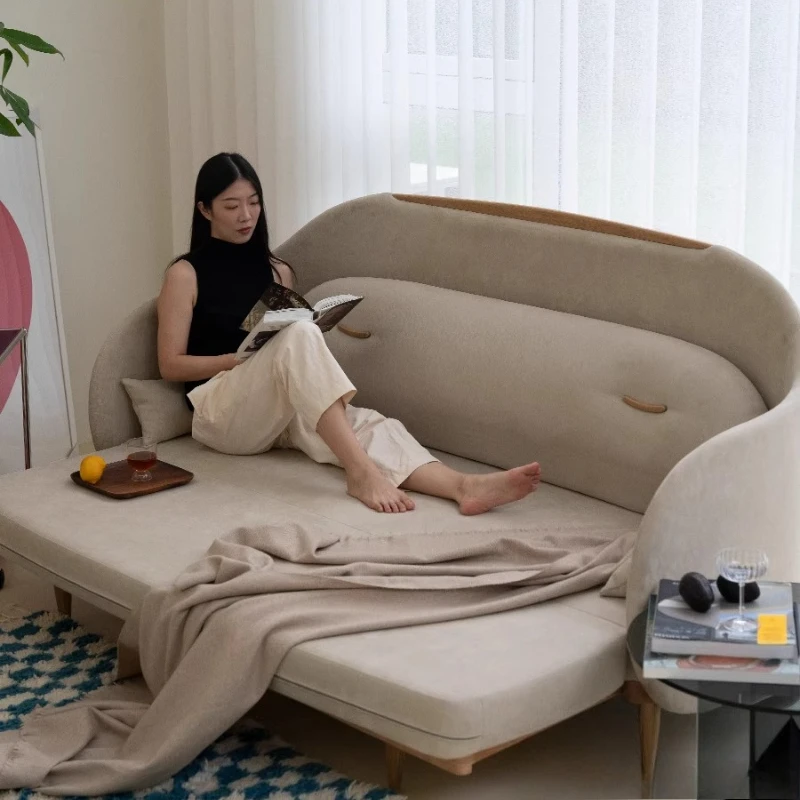 Warm sleep sofa bed small apartment living room bedroom foldable fabric solid wood sofa straight row