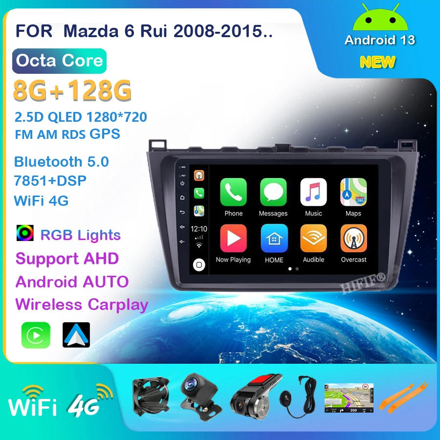 9 Inch 2DIN WIFI Bluetooth WIFI GPS Navigation Car Radio Android 13 Multimedia Player Carplay For 2008-2015 Mazda 6 Rui wing