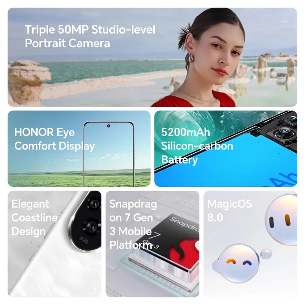 الهاتف الذكي - HONOR 200، 12 جيجابايت + 256 جيجابايت، 5G هاتف محمول Snapdragon 7 Gen 3 Android 14 شاشة AMOLED مقاس 6.7 بوصة وبطارية 5200 مللي أمبير في الساعة