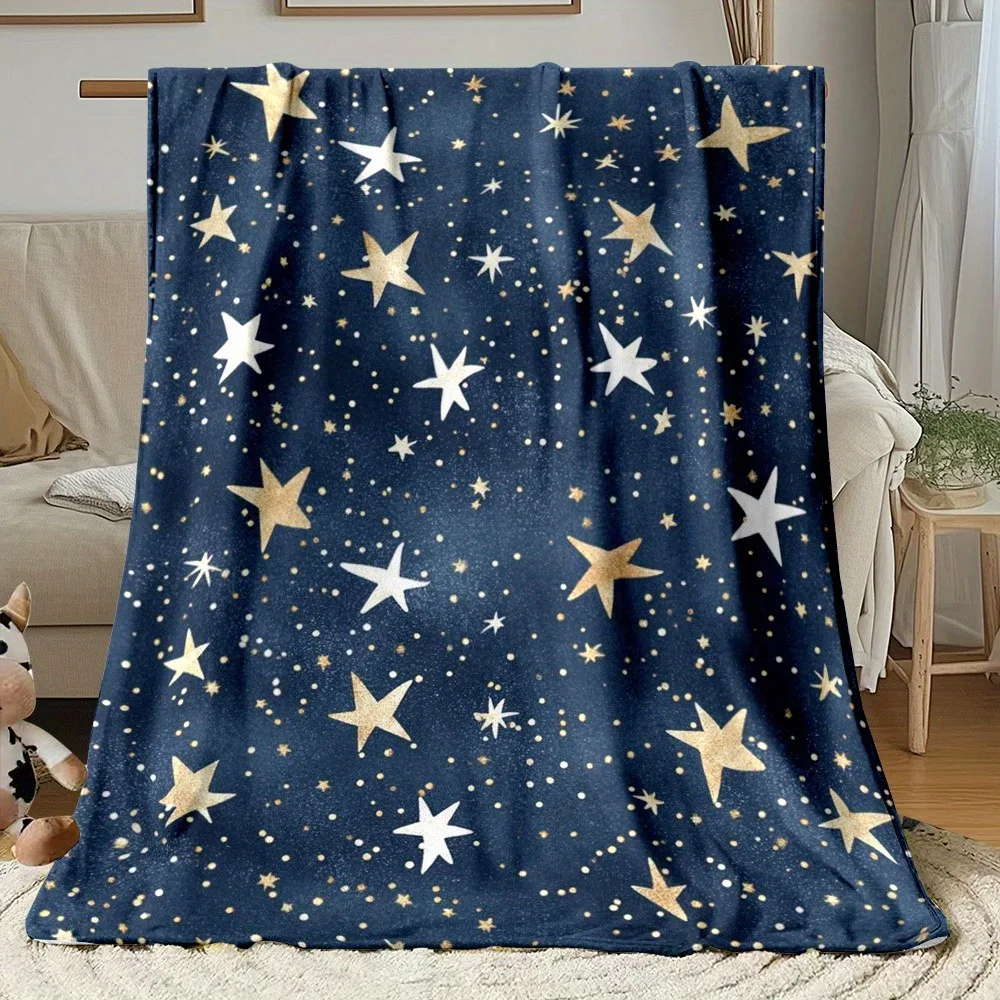 Navy Blue Gold Star Print Fleece Blanket Soft Warm Galaxy Starry Sky Throw Blanket for Bedroom Living Room Travel Camping Multi-