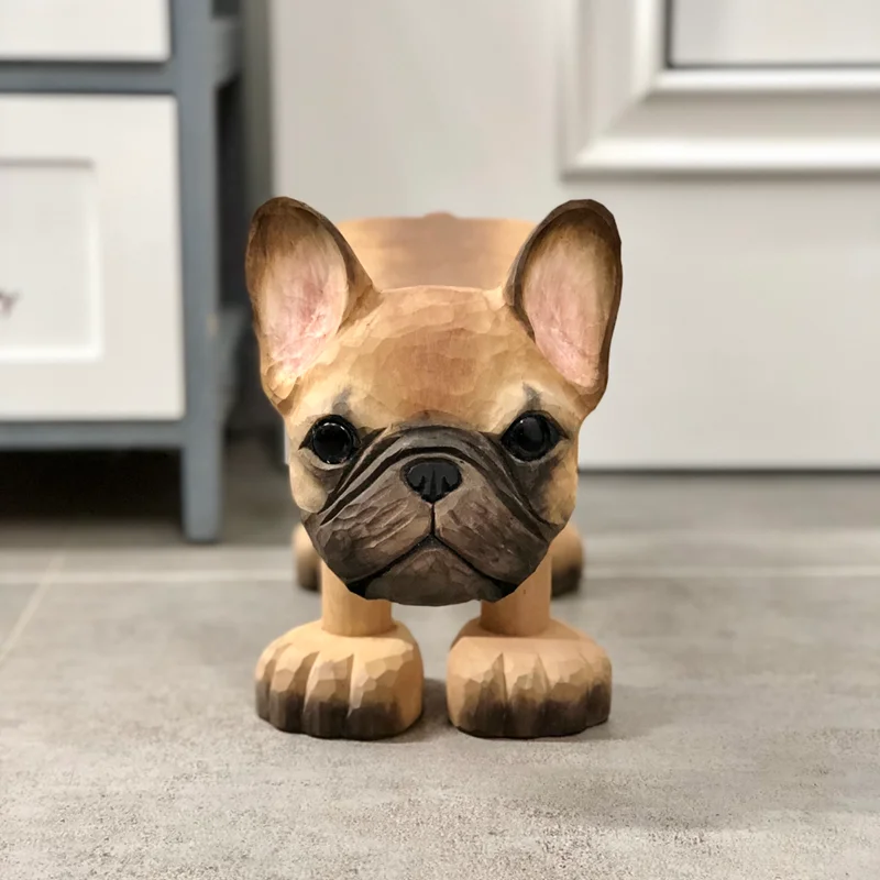 Creative Hand Carved Solid Wood French Bulldog Stool Dog Sculpture Home Decoration Craft Ornament