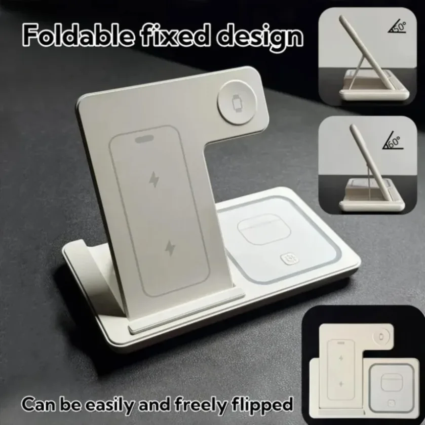 XIKCU طوي 3 في 1 حامل شاحن لاسلكي مصباح ليد قاعدة شحن سريعة آيفون 16-12 iWatch 10 9 8 Airpods Pro