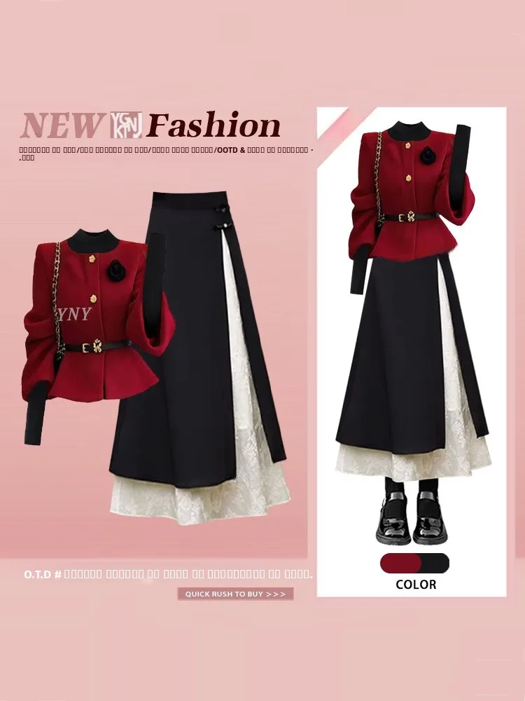 

Retro Red Outerwear Base irt f Skirt Tee Piece Set Women Winter Beautiful New Year Aosphere Set High Waist Midi Skirt
