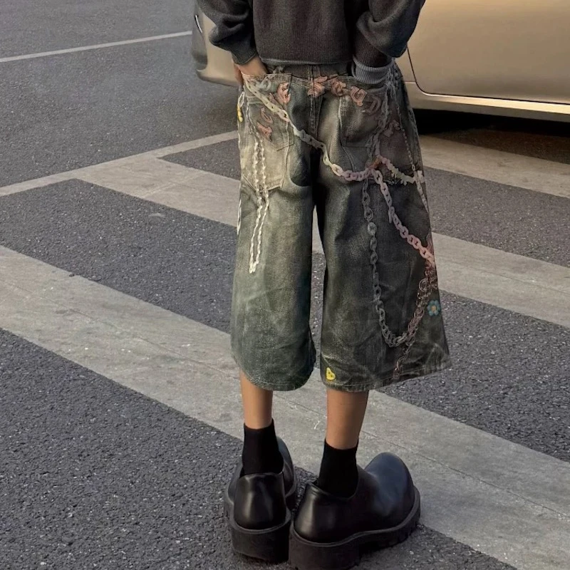 Мешковатые джинсы с 3D принтом конфетной цепочки для мужчин, уличная одежда, летние широкие лоскутные повседневные свободные брюки до колена, большие размеры