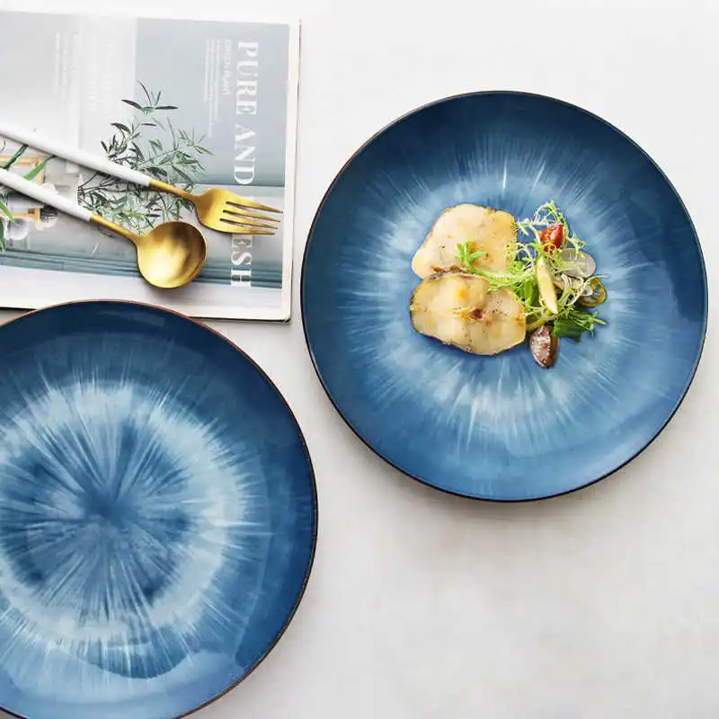 Japanese Retro Flat Plate 8/10.5 inch Blue Gradient Western Cuisine Plate Premium Cool Dish Plate Home Western Beef Plate