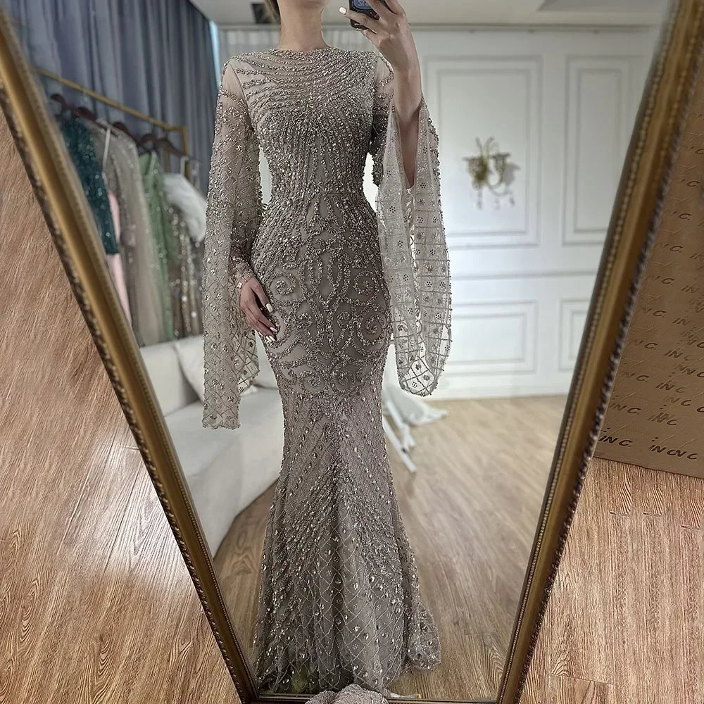 

Middle Eastern Islamic Luxury Evening Gown Modern Style Beaded Silver Mermaid Wedding Dress Party Gown Elegant Bell Sleeve Forma