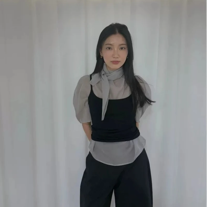 

Spring New Arrival Women's Pure Color Shirt Lightweight Scarf Collar Half Sleeve Top Dongda Gate Ammeto Casual Sportswear