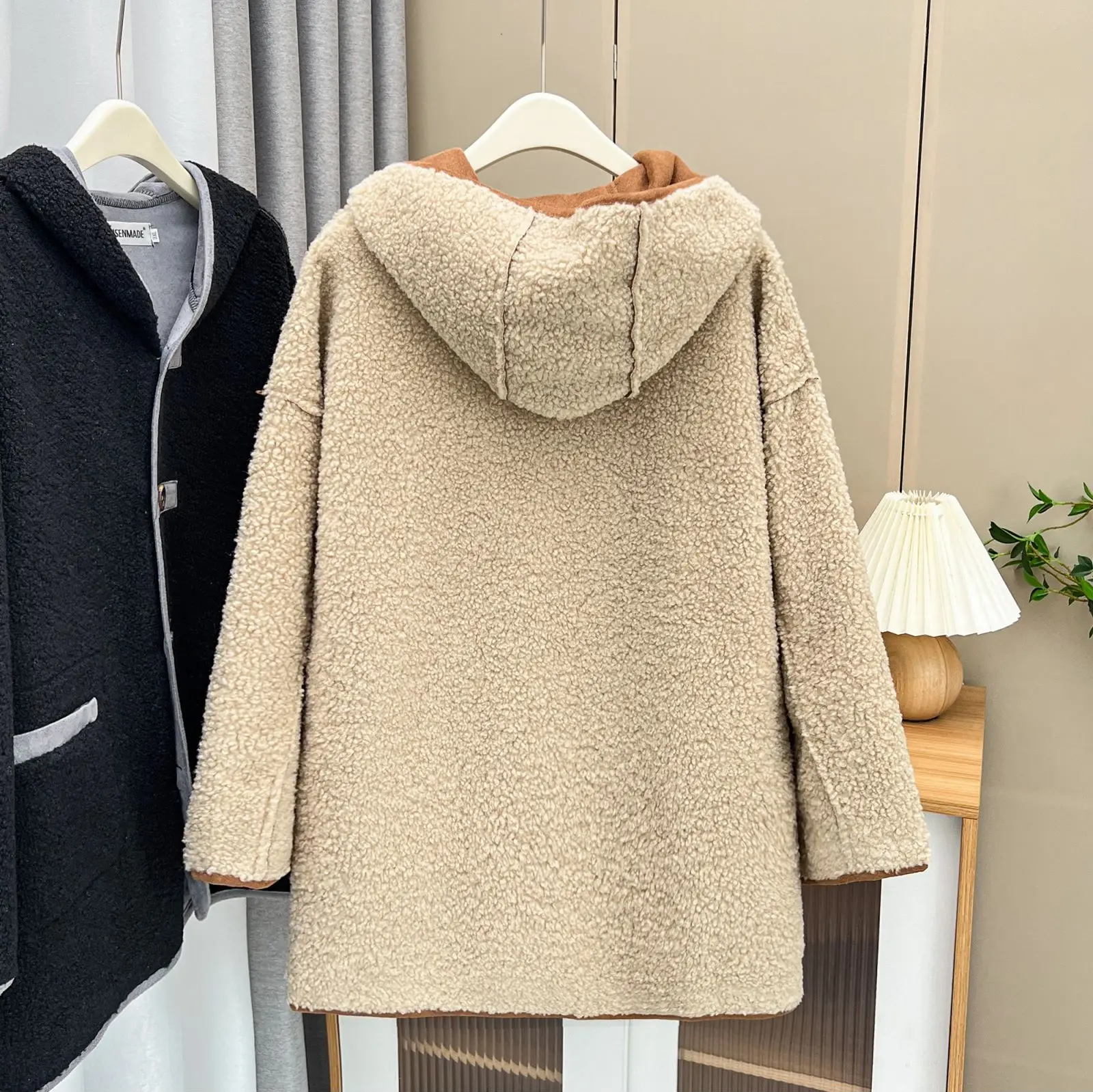 Womens Plus Size Winter Parkas Casual Clothing Mid-Length Hooded Suede Composite Fleece Jacket Curve Reversible Coats S6 5706