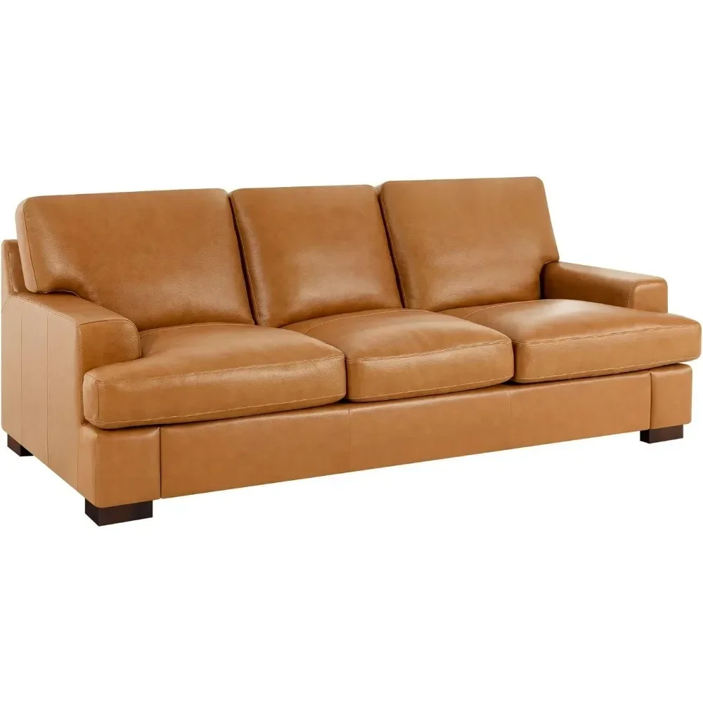 Living Room sofa, Luxurious Comfort Goose Feather Cushion Filling, Square Arm Design, Sturdy Block Legs, Genuine Leather Sofa