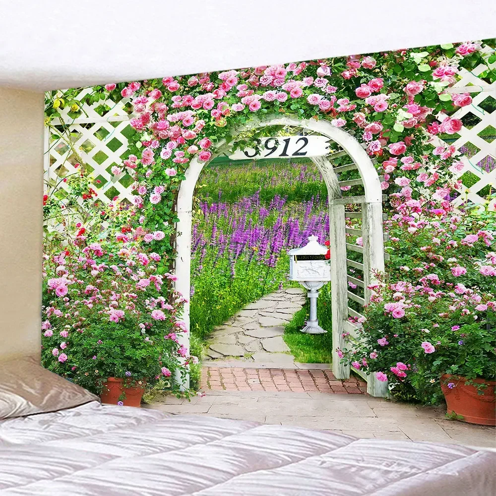 HD-Spring Flowers Wood Fence Tapestry – Nature Pink Rose, Plants, Floral Wall Hanging, Garden Window Scenery Cloth, Home Decor