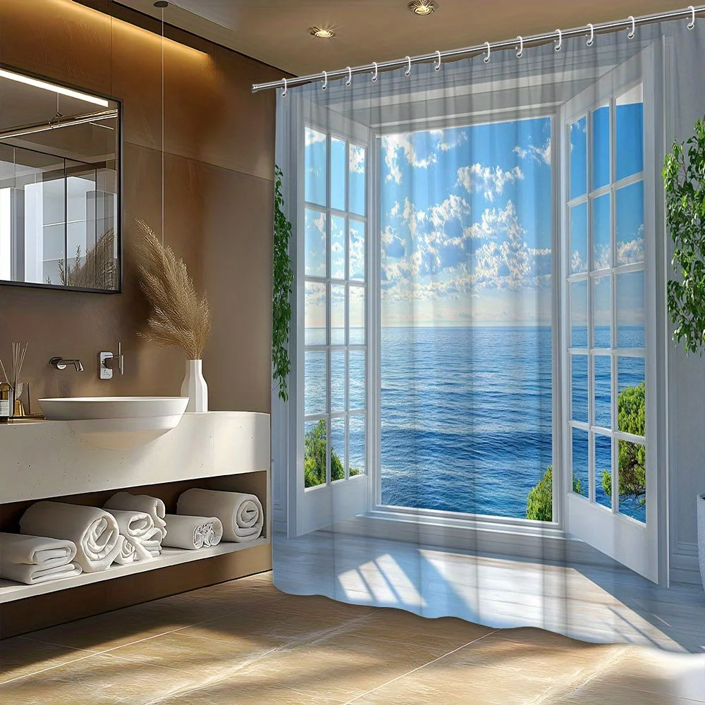 

1pc seaside view through open window with green plant shower curtain, calm and inviting ocean scene bathroom decoration