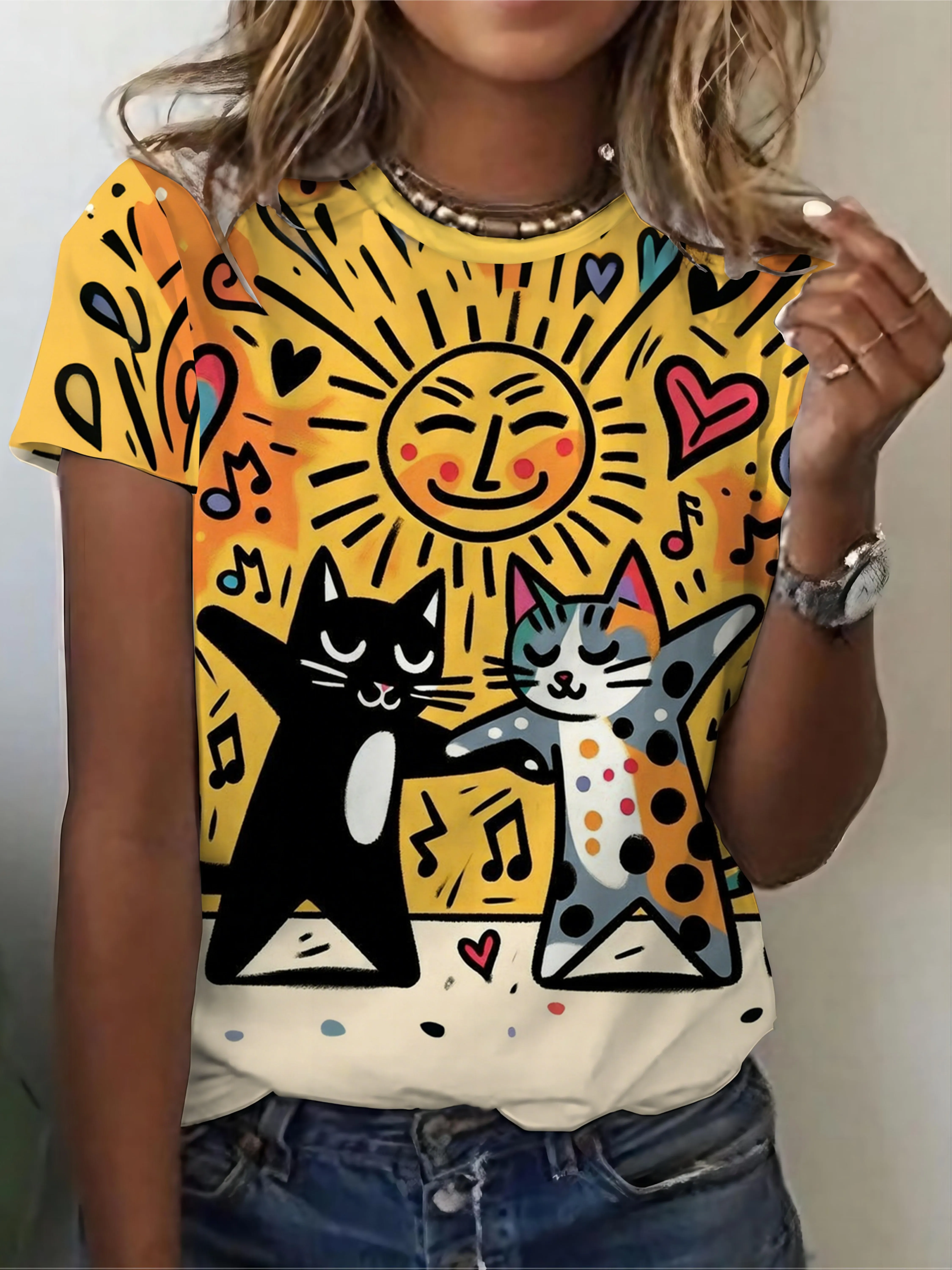 Women's T‑shirt Cartoon Dancing Cats Sun Music Heart Pattern Print Short Sleeve Crew Neck Summer Casual Daily Top Women Clothing