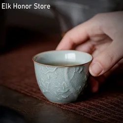 2pc/Set 60ml Retro Ge Kiln Ceramic Tea Cup Handmade Relief Flower Art Gracked Glaze Household Kung Fu Tea Personal Master Cup