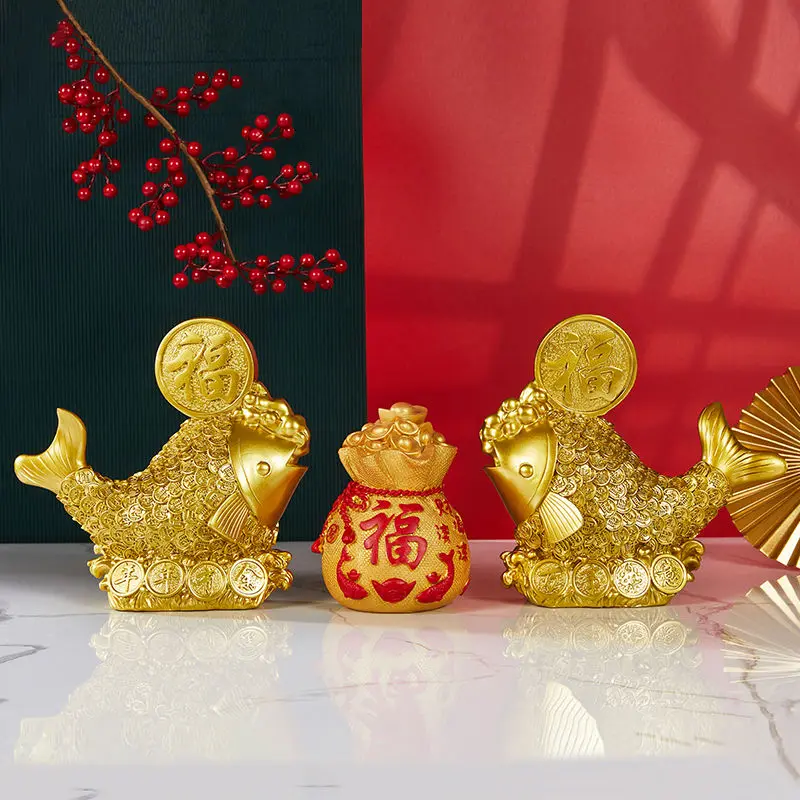 Chinese New Year Fish Attract Wealth Resin Ornaments Gift New House Store Figurines Decoration Livingroom Porch Sculpture Crafts