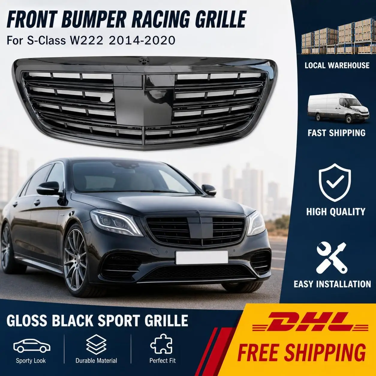 Auto-Frontgrill für Mercedes-Benz S-Klasse W222 S560 S550 S600 2014~2020 im Maybach-Stil Sport Glänzend Schwarz Grill