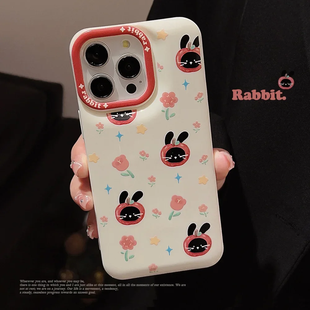 Funny tomato Black Rabbit flowers Phone Case For iPhone 16 15 14 13 12 11 Pro Max Xr 14 15 16 Plus Case Cute Sweet cartoon Cover