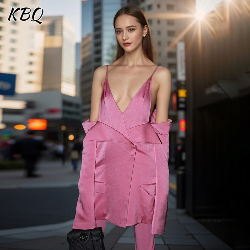 

KBQ Hollow Out Patchwork Button Soild Blazers For Women V Neck Off The Shoulder Elegant Sexy Slimming Blazer Female Fashion New