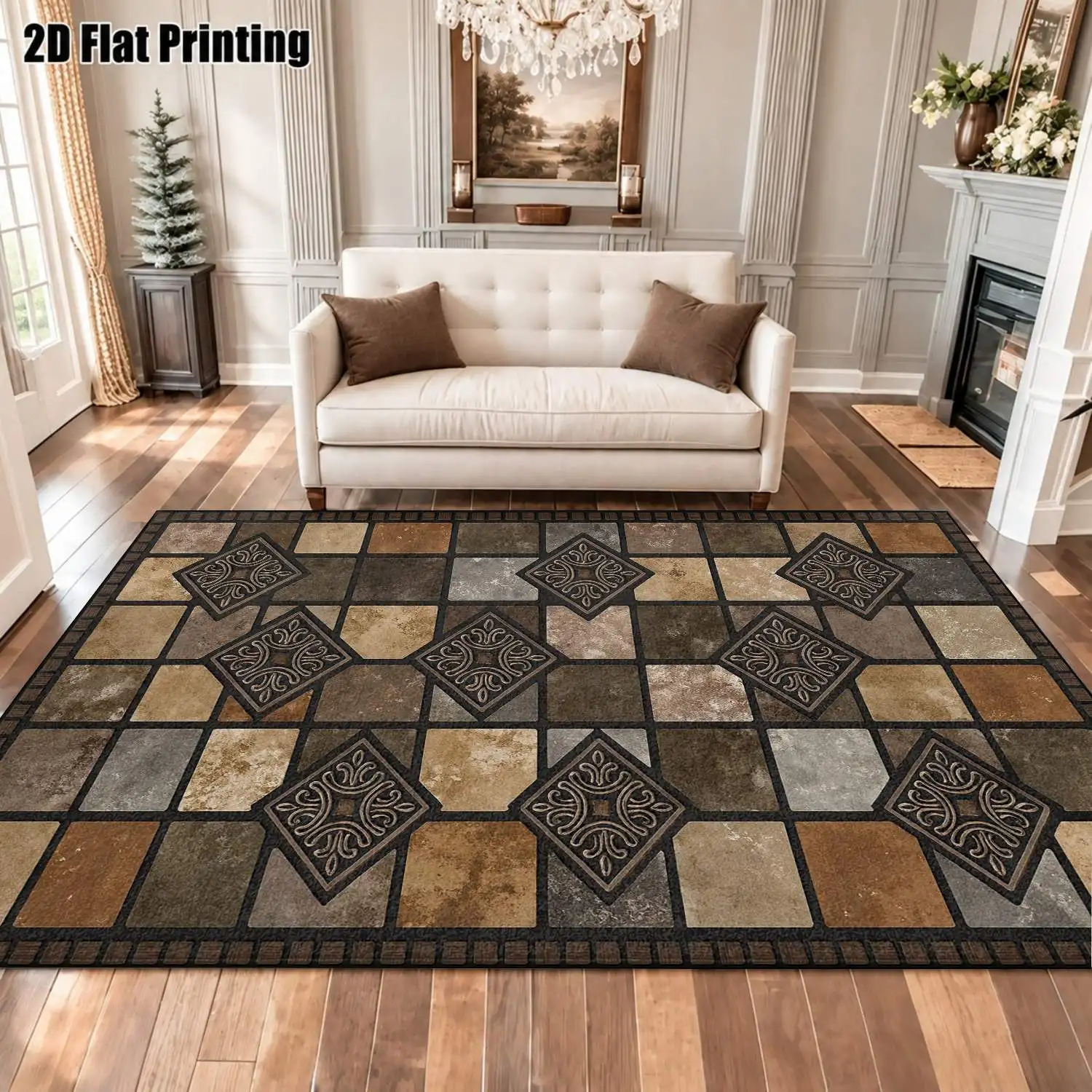 1Pc 2D Printed Retro Brown Geometric Carpets: European Vintage Bohemian Styles, Machine Washable, Multi-Size, for Home Decor, Door Mats, Dining, Bedroom, Living Room