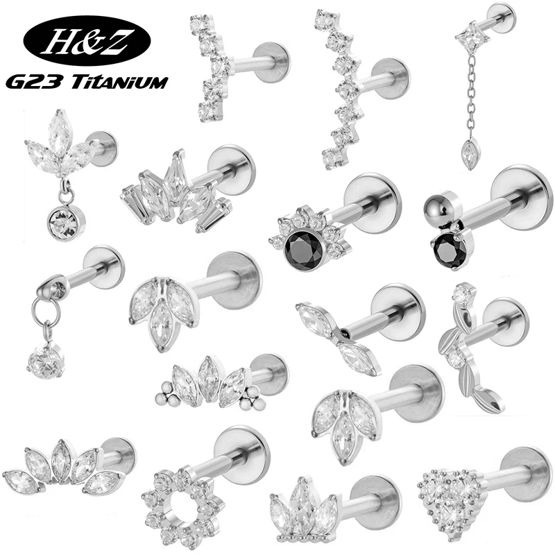 1PC G23 Titanium Ear Studs Internal Thread Flatback Lip Stud Zircon Horse's Eye Pendant Tragus Cartilage Labret Piercing Jewelry