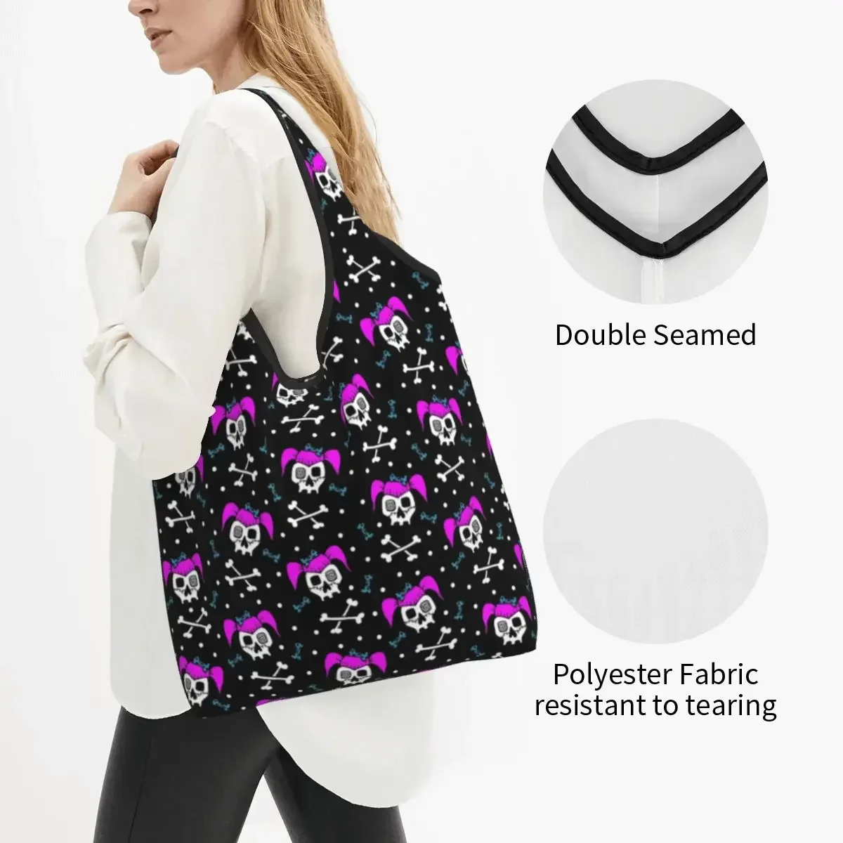 Funny Print Horror Skull Print Tote Shopping Bags Portable Shoulder Shopper Skeleton Death Handbag