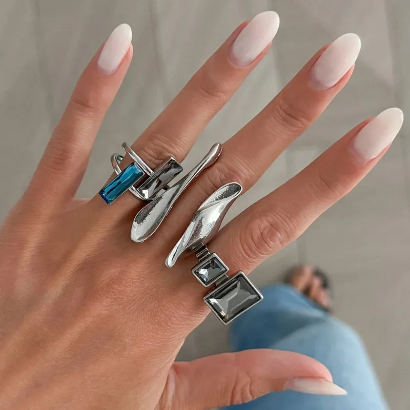Irregular Geometric Metallic Open Rings Set Abstract Twisted Silver Adjustable  Ring Trendy Punk Women Statement Finger Jewelry