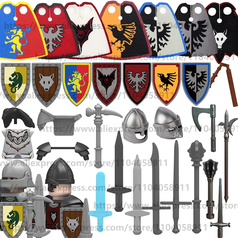 Blocos de construção de soldado militar medieval, castelo, dragão escuro, cavaleiro, lobo, guerreiro, capas, capacetes, armadura, espadas, tijolos, brinquedos