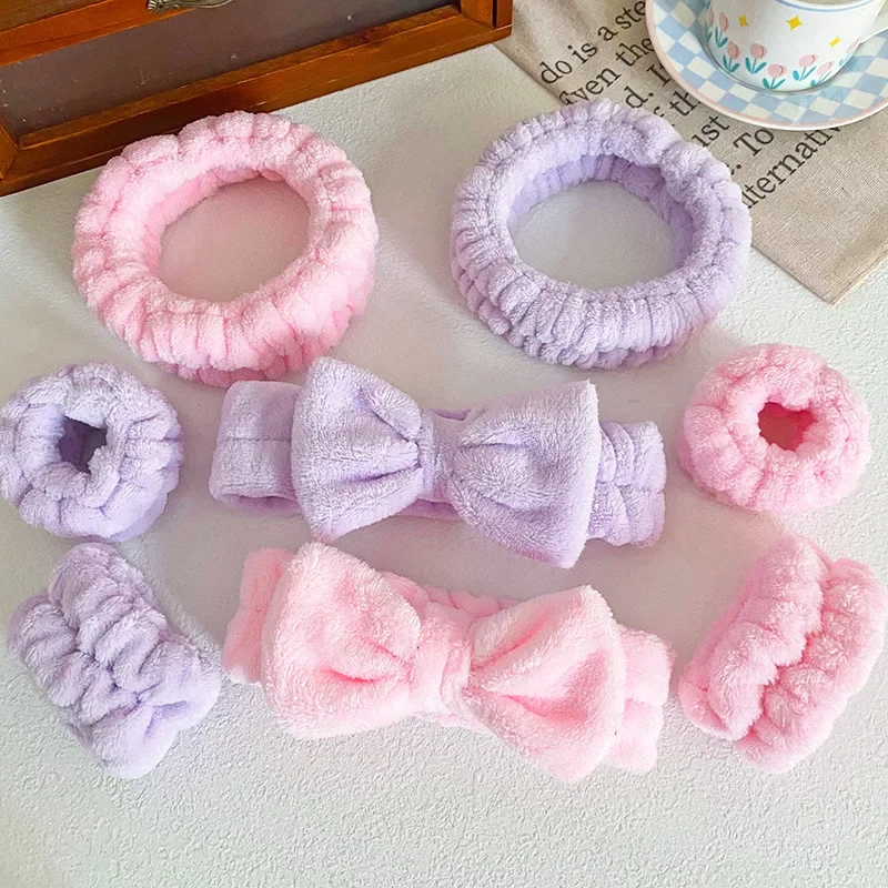 4 ชิ้น/เซ็ตสีทึบชุดคาดศีรษะโบว์, สปาฟองสําหรับล้างหน้าแต่งหน้าอาบน้ํา Skincare อุปกรณ์เสริมผม Scrunchies