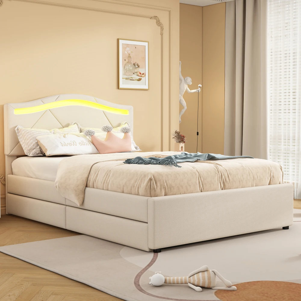 Cama tapizada, con somier de láminas, cama con luces led, con dos cajones, cabecero ajustable, lino, minimalista, beige
