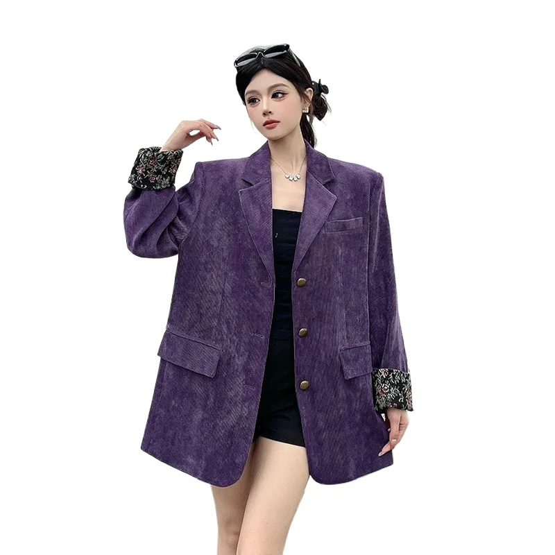 

Women Blazers Coat Retro Purple Corduroy Suit Women Spring and Autumn, New High-end Loose Shoulder Padded Suit