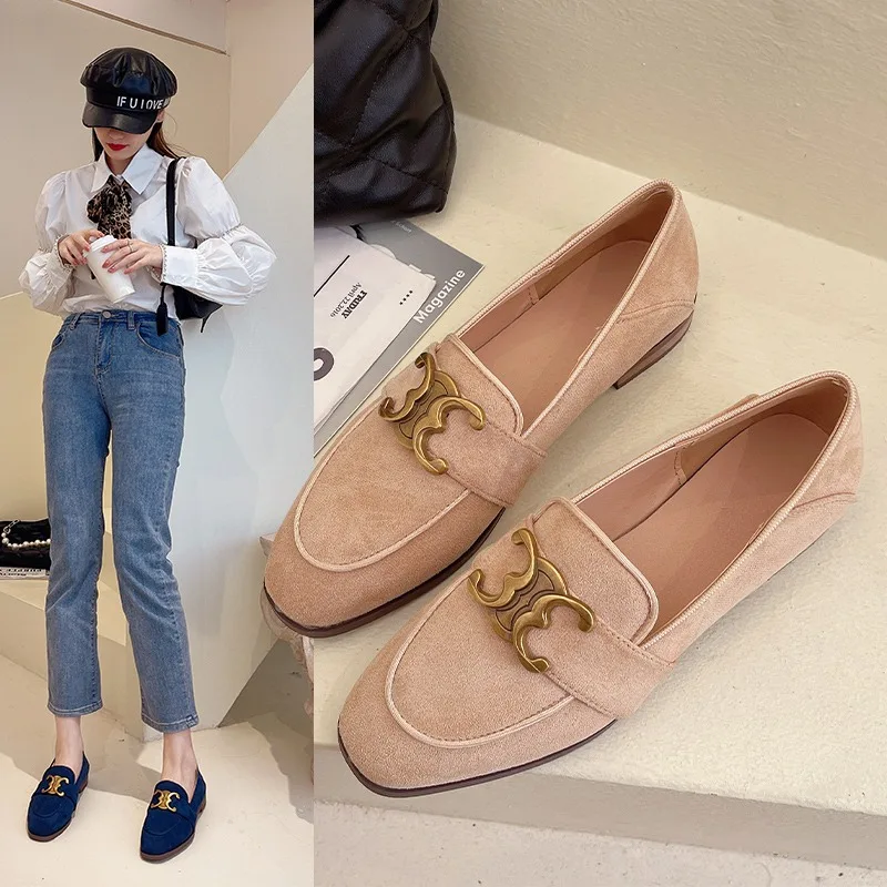 

Women's Loafers Suede Leather Spring/Autumn Low Heel Women Shoes Round Toe Chunky Heel Women Pumps Metal Buckle Shoes for Women