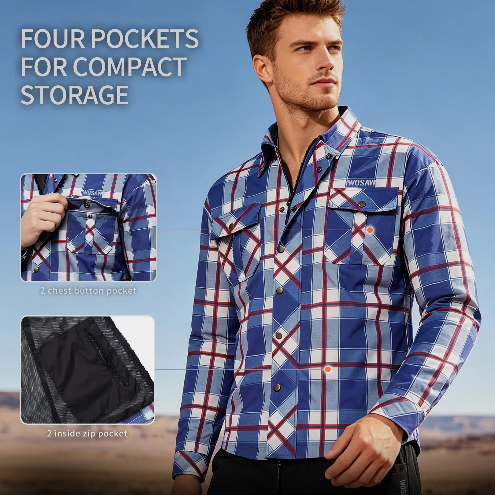 WOSAWE Men Motorcycle Checkered Shirt Travel Casual Jacket Men's Sports Shirt Breathable Multi Pocket Motorcyclist Clothing