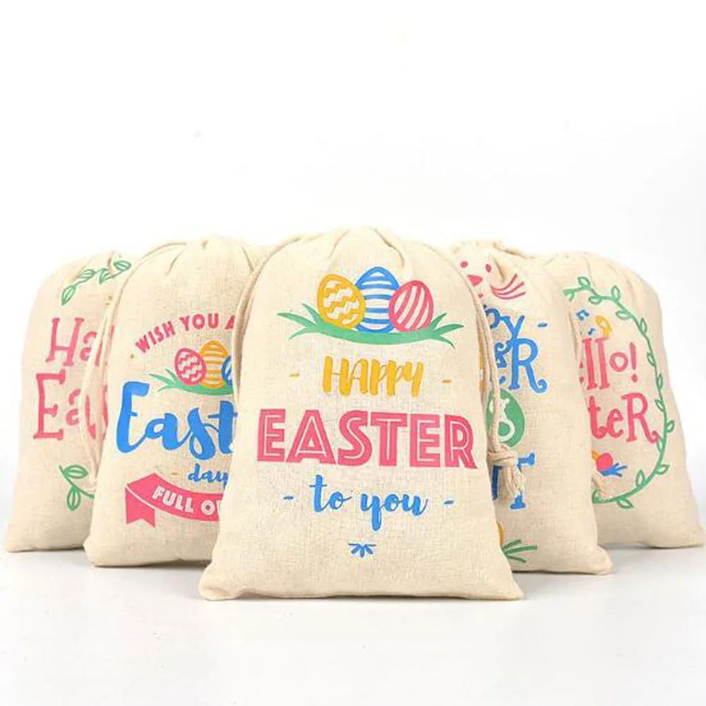 20pcs/lot 13*18cm/5.1*7.1'' Happy Easter Gift Packaging Pouches Drawstring Linen Bags Birthday Party Kids Candy Pouch
